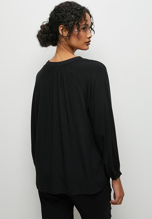 edit - Mandarin collar balloon sleeve blouse - black