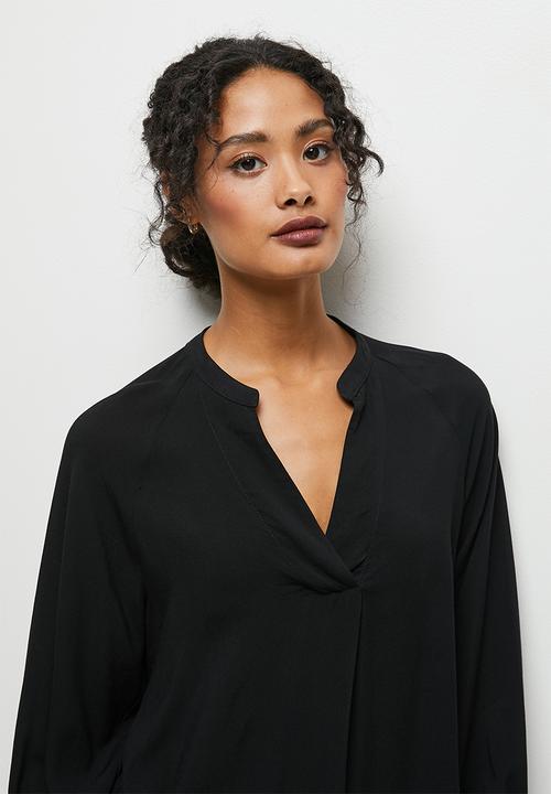edit - Mandarin collar balloon sleeve blouse - black