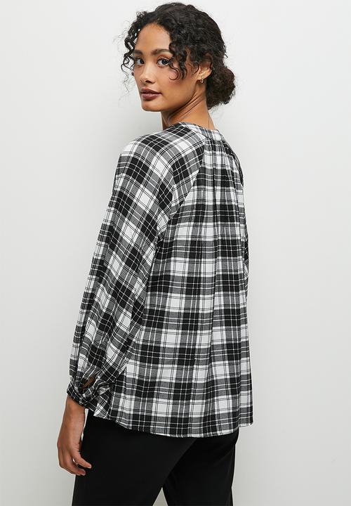edit - Mandarin collar balloon sleeve blouse - check