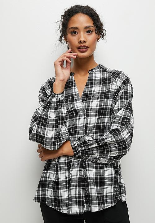 edit - Mandarin collar balloon sleeve blouse - check