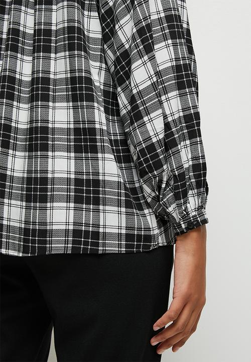 edit - Mandarin collar balloon sleeve blouse - check