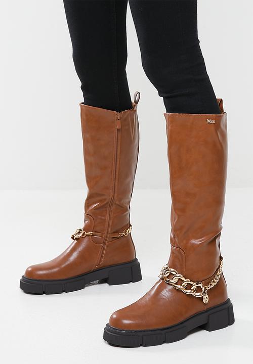 Plum - Halo chunky chain knee high boot - brown