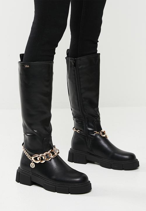 Plum - Halo chunky chain knee high boot - black