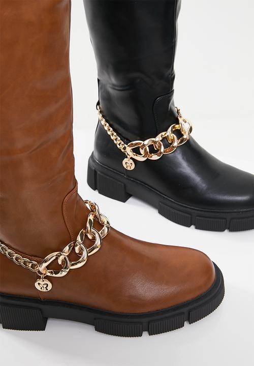Plum - Halo chunky chain knee high boot - black