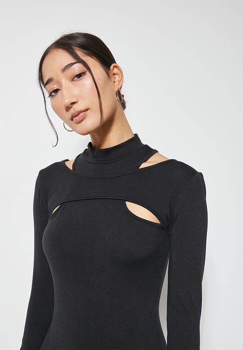 VELVET - Overlay cut away knit bodycon dress - black