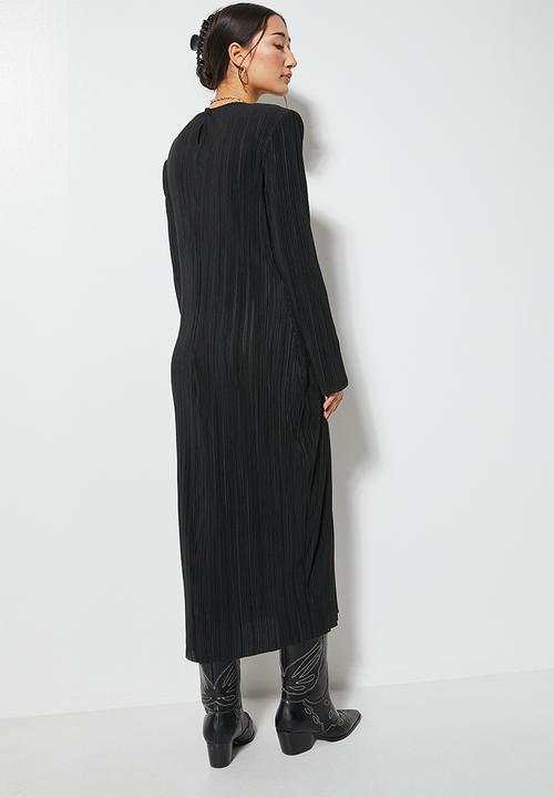 VELVET - Midi power shoulder pleated jersey dress - black