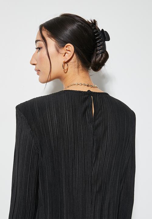 VELVET - Midi power shoulder pleated jersey dress - black