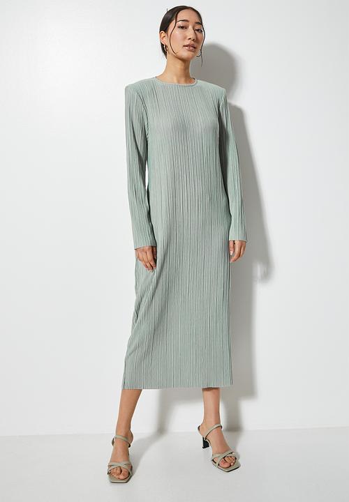 VELVET - Midi power shoulder pleated jersey dress - sage