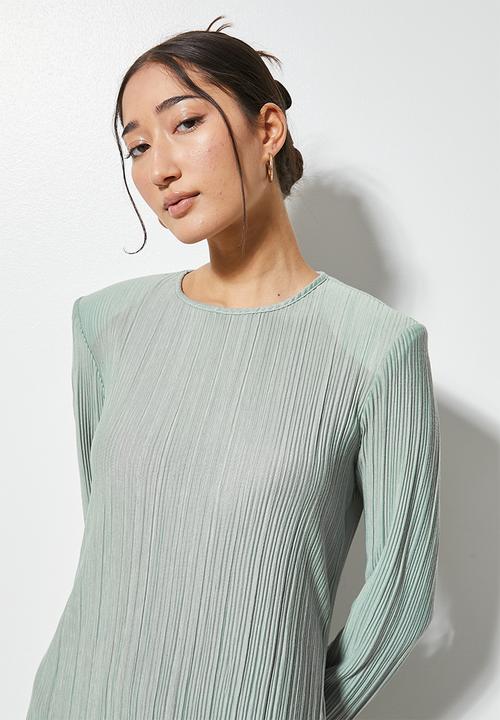 VELVET - Midi power shoulder pleated jersey dress - sage