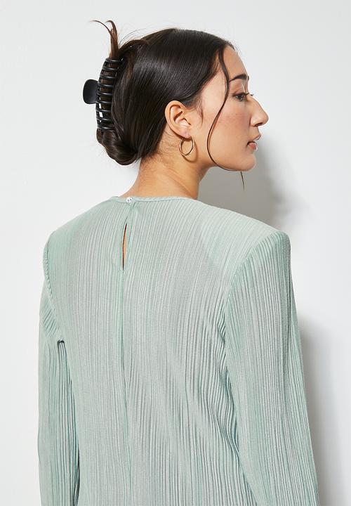 VELVET - Midi power shoulder pleated jersey dress - sage