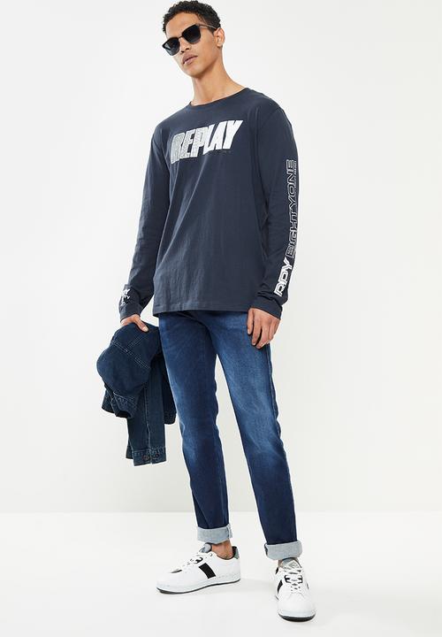 Replay - Replay long sleeve logo printed tee - navy