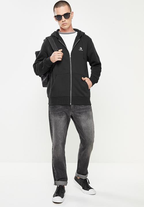 Converse - Embroidered star chevron full zip fleece hoodie - black