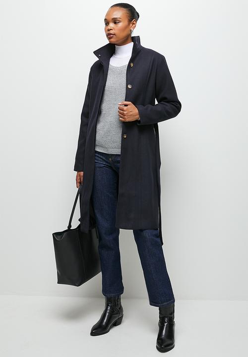 edit - Funnel neck belted melton coat - ink