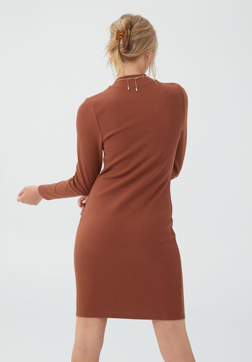 Cotton On - Rib long sleeve mock neck mini dress - vintage brown
