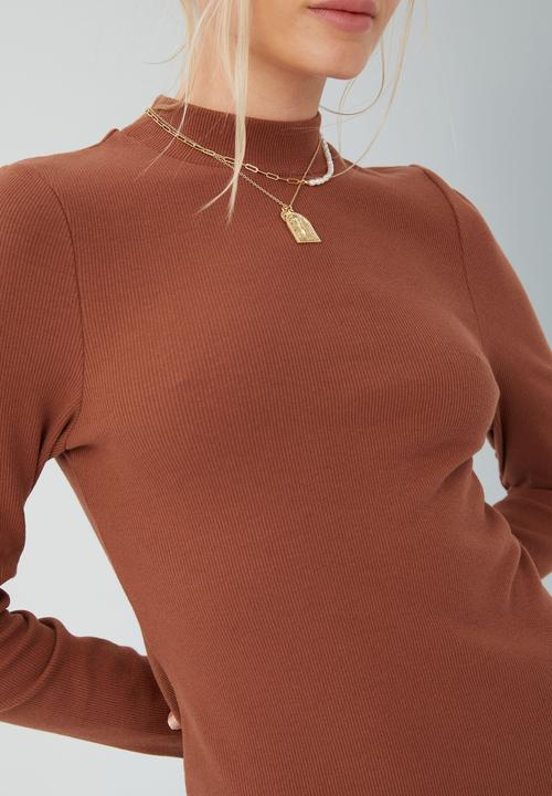 Cotton On - Rib long sleeve mock neck mini dress - vintage brown