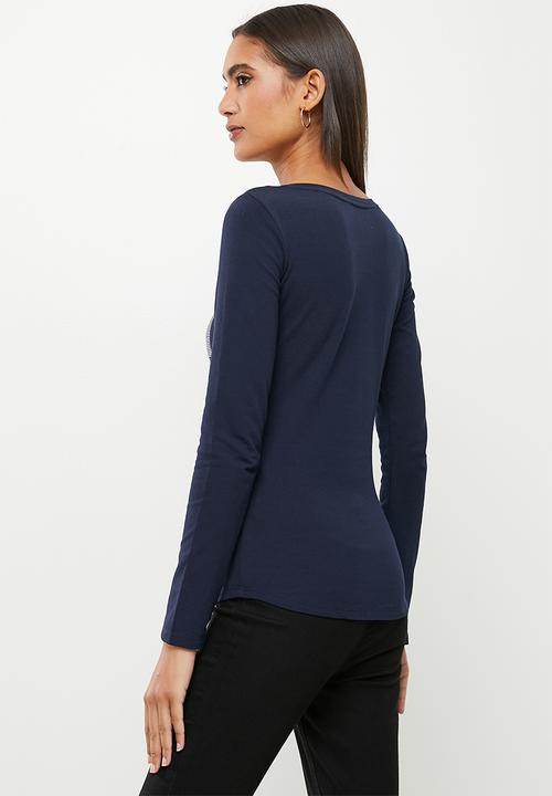 SISSY BOY - Basic round neck fitted long sleeve top with bling logo - navy