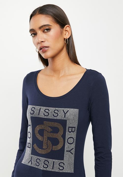 SISSY BOY - Basic round neck fitted long sleeve top with bling logo - navy