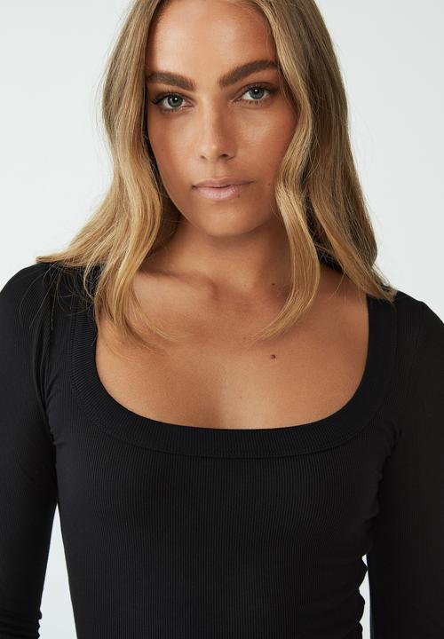 Cotton On - Staple rib scoop neck long sleeve top - black