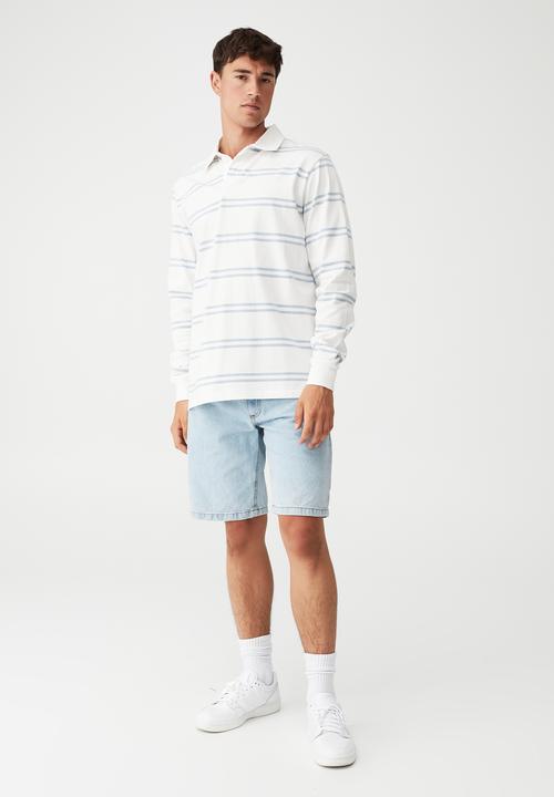 Cotton On - Rugby long sleeve polo - sky blue double stripe