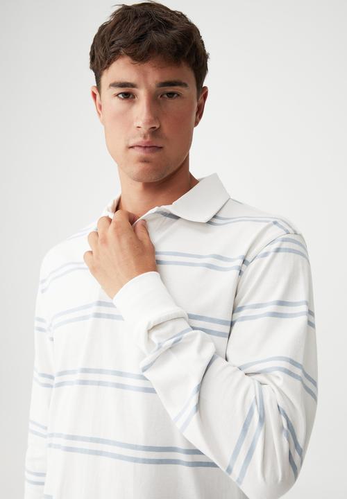 Cotton On - Rugby long sleeve polo - sky blue double stripe