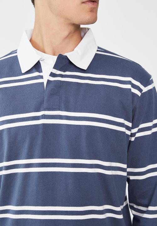 Cotton On - Rugby long sleeve polo - moonlight blue double stripe