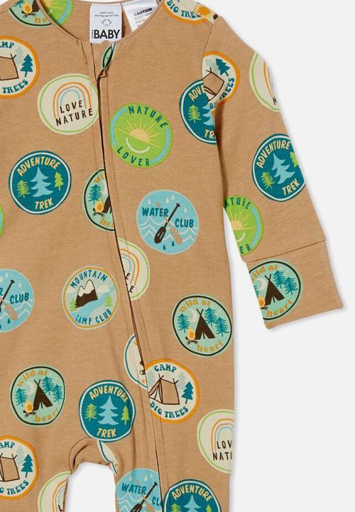 Cotton On - The long sleeve zip romper - taupy brown/vintage patches