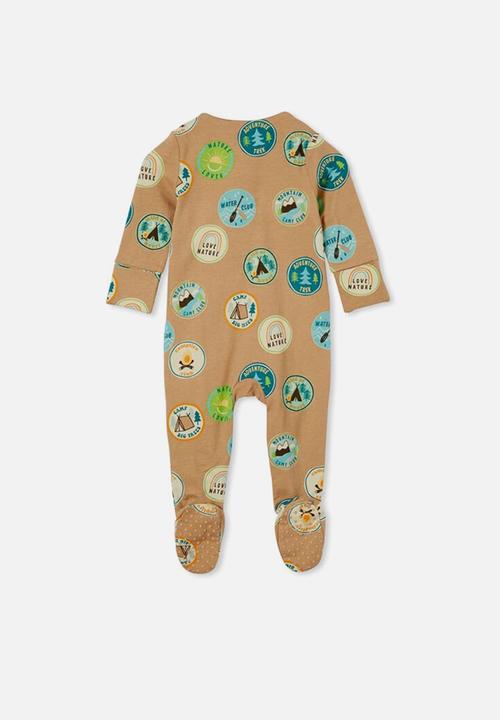 Cotton On - The long sleeve zip romper - taupy brown/vintage patches