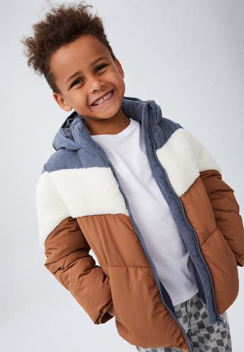 Cotton On - Frankie spliced puffer jacket - vintage navy & cord sherpa
