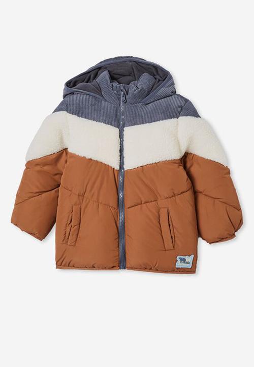 Cotton On - Frankie spliced puffer jacket - vintage navy & cord sherpa
