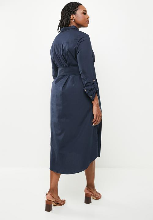 POLO - Plus woman long sleeve belted shirt dress - navy