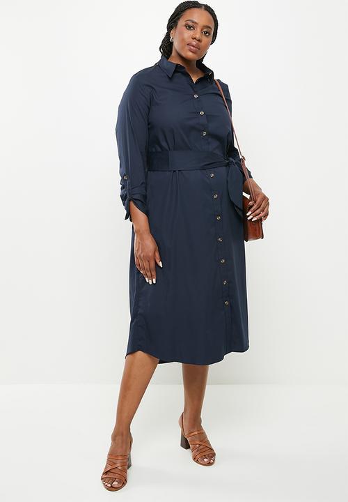 POLO - Plus woman long sleeve belted shirt dress - navy