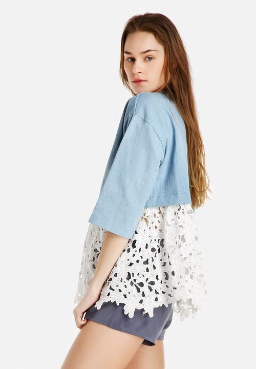 Dahlia - Oversized Denim Top with Lace Hem