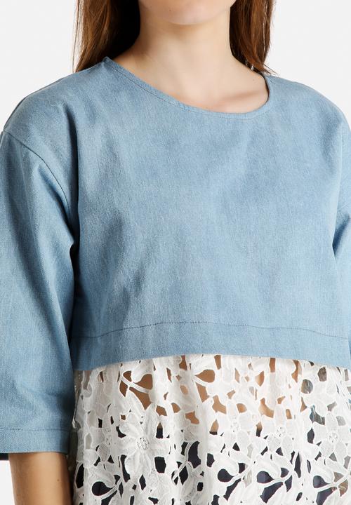 Dahlia - Oversized Denim Top with Lace Hem