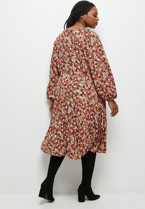 edit Plus - Pleated midi dress - black ground mini print