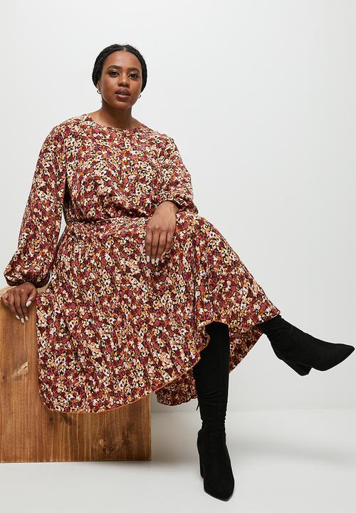edit Plus - Pleated midi dress - black ground mini print