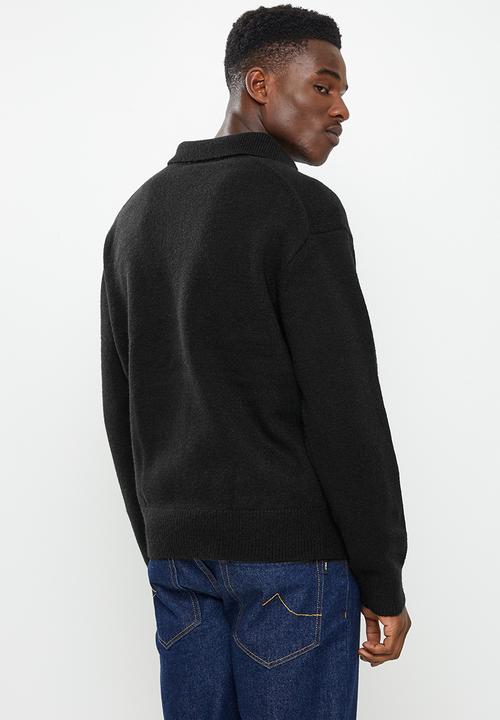 Jonathan D - Cole Knitted Oversized Jumper with Polo Collar - Black