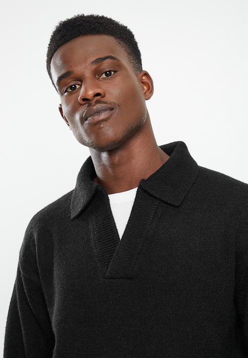 Jonathan D - Cole Knitted Oversized Jumper with Polo Collar - Black