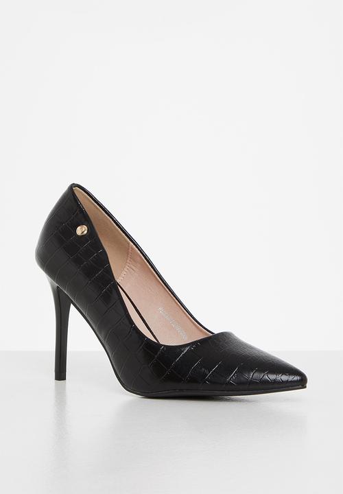 POLO - Pointed toe embossed croc pump - black