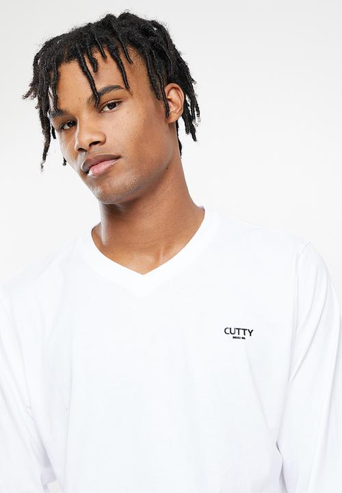 Cutty - Mens regular fit basic v-neck long sleeve t-shirt - white