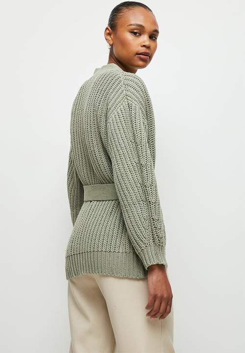 edit - Chunky knit belted cardigan - dusty sage