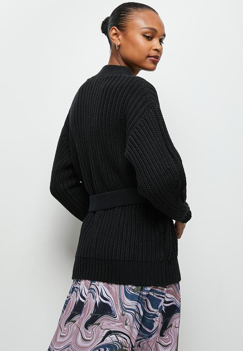 edit - Chunky knit belted cardigan - black