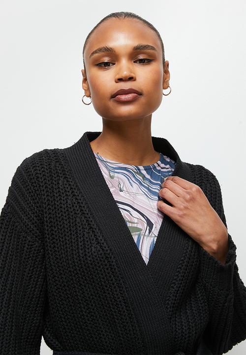edit - Chunky knit belted cardigan - black