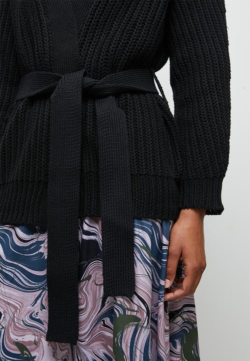edit - Chunky knit belted cardigan - black