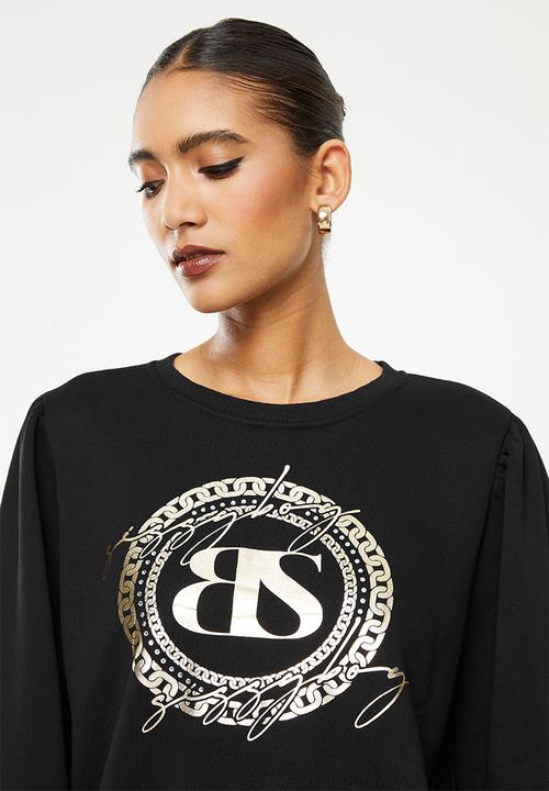 SISSY BOY - Crew neck long sleeve sweater with mixed prints and bling logo - black