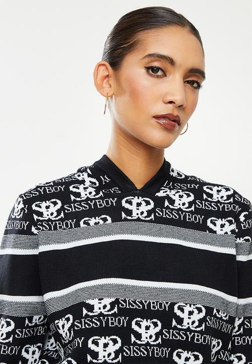 SISSY BOY - Hooded knit track top with all over branding - black & off white