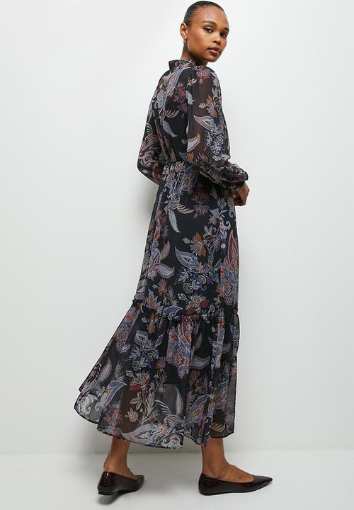 edit - Sheer boho tier maxi dress - navy muted paisley