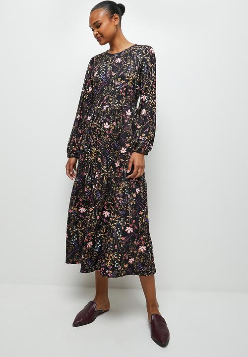 edit - Printed knit tiered midi - ink based ditsy