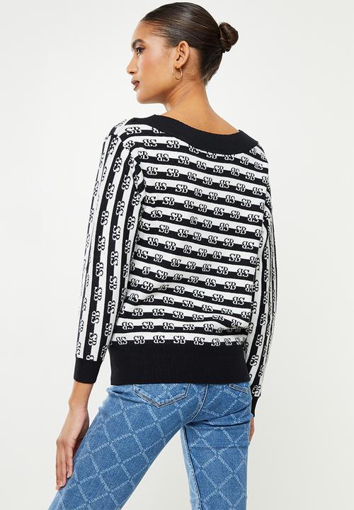 SISSY BOY - Asymmetric off the shoulder stripe branded knit - black & off white