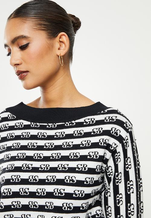 SISSY BOY - Asymmetric off the shoulder stripe branded knit - black & off white