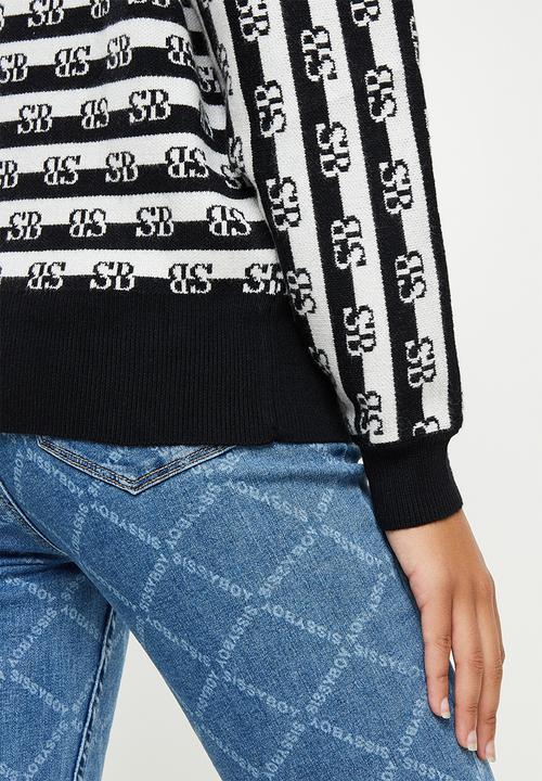 SISSY BOY - Asymmetric off the shoulder stripe branded knit - black & off white